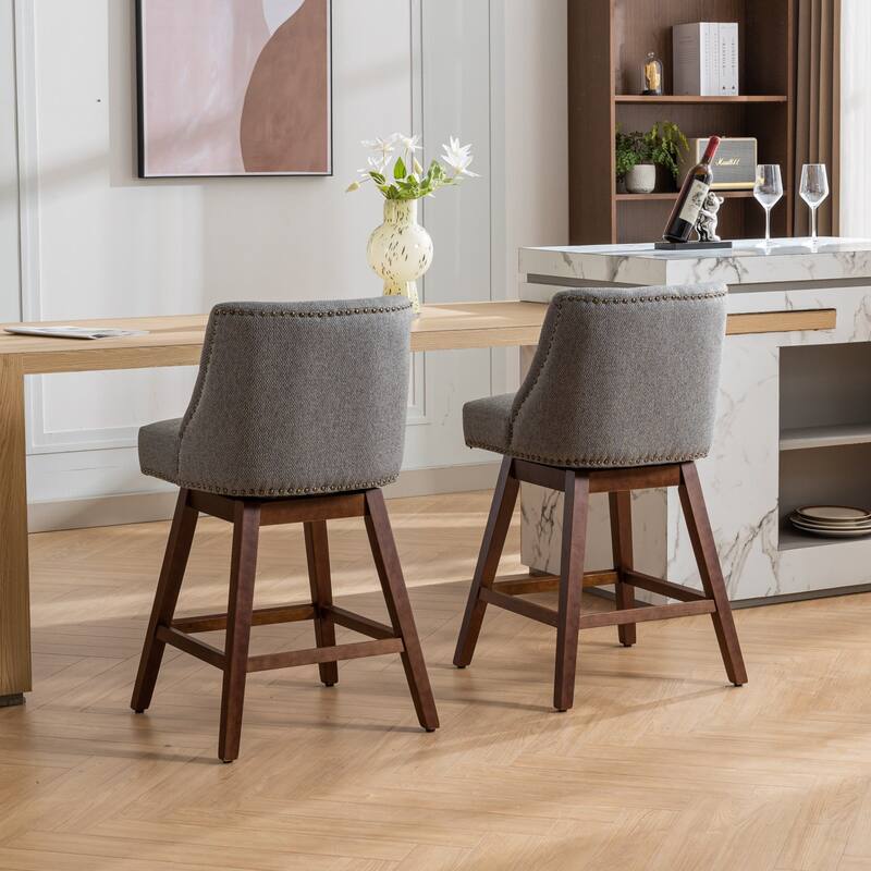 360° Swivel Barstools, Fabric Upholstered Dining Chair, Wood Legs High Bar Chair, Nailhead Trim Guest Chair, Set of 2
