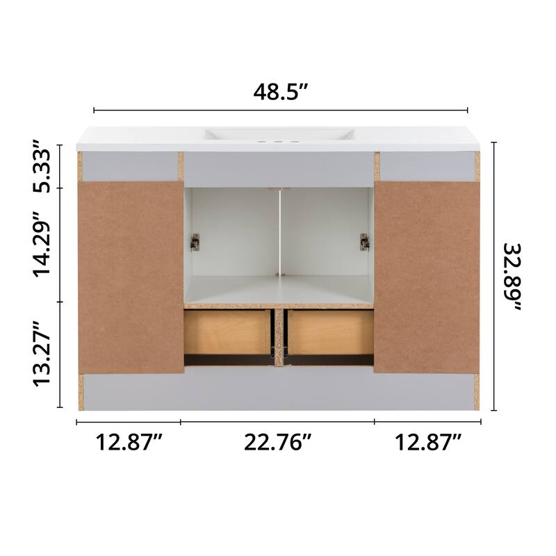 Spring Mill Cabinets Emlyn 48.5" Bathroom Vanity With Shelves, Drawers, and White Sink Top
