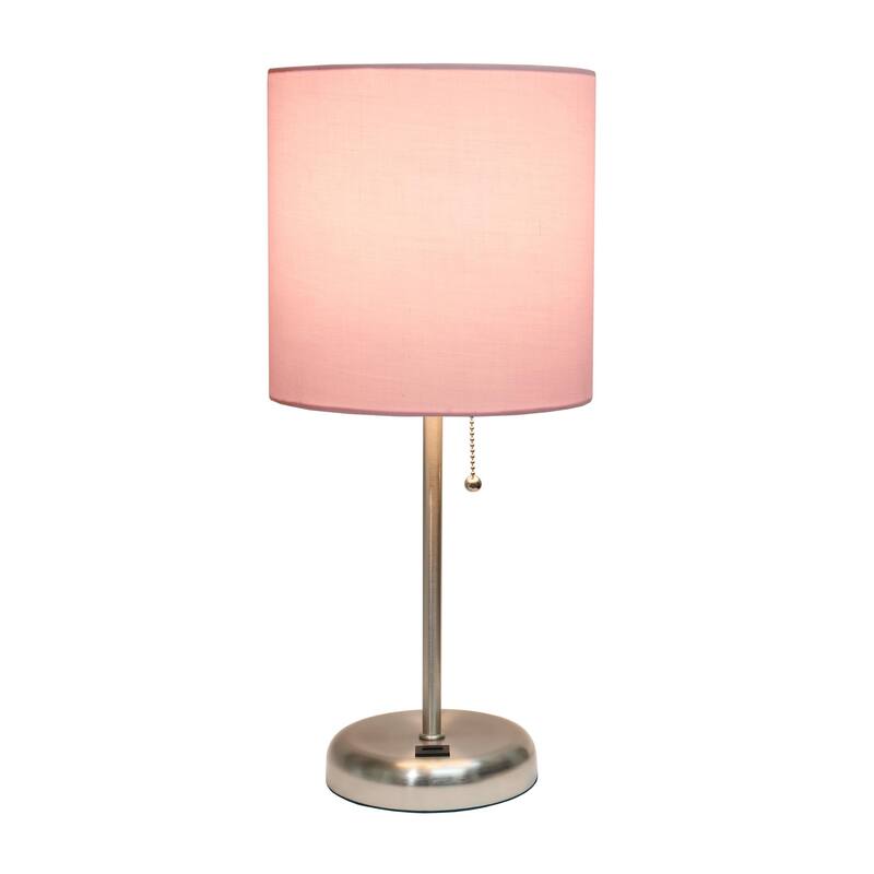 19.5 in. Brushed Steel Finish Table Lamp with Pink Shade, Durable Stick Lamp for End/Side Tables