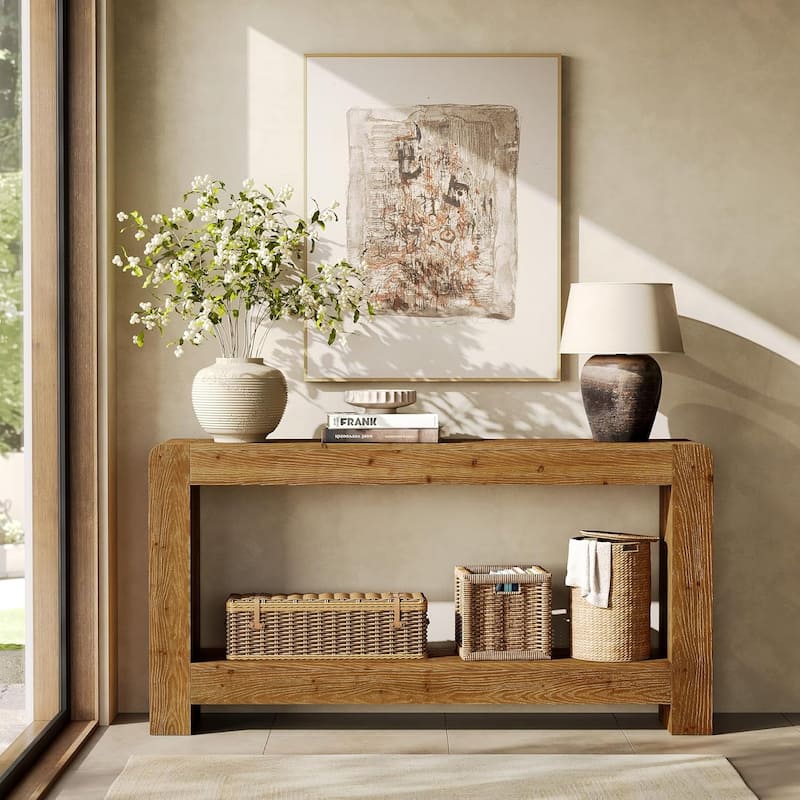 Solid Wood Console Table with Storage, 63-Inch Farmhouse Entryway Table - 62.99" L x 11.81" W x 33.46" H