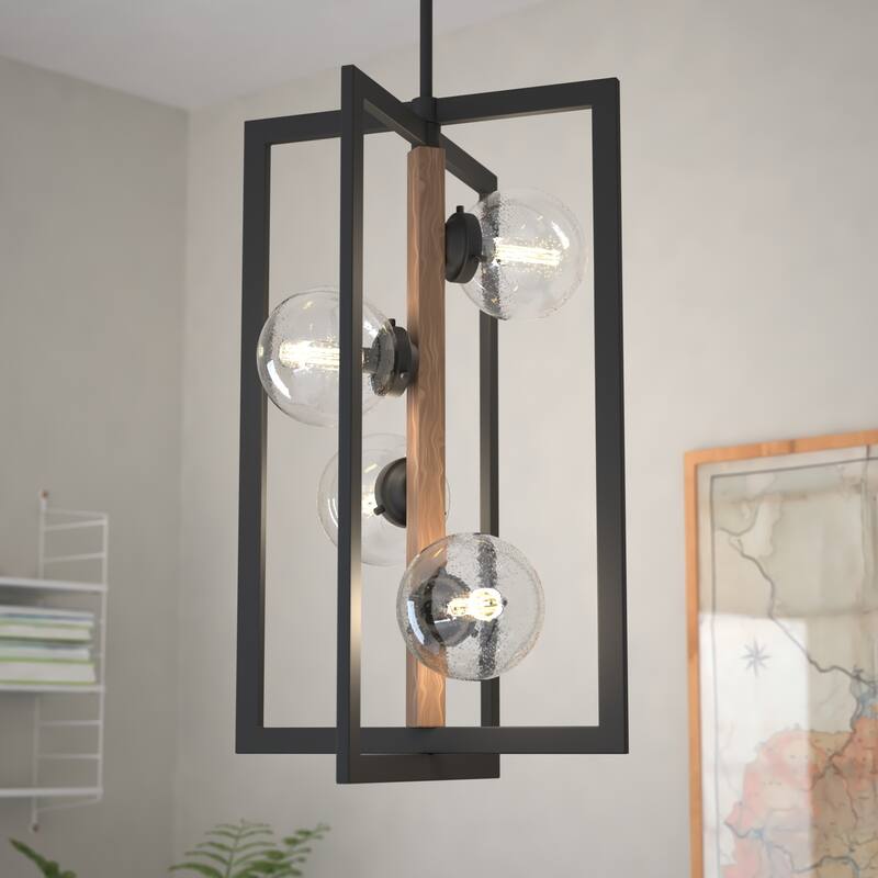 Bridgeview 16-in Oil Rubbed Bronze and Wood Industrial 4 Light Chandelier, Hanging Ceiling Pendant - 16-in W x 34-in H x 16-in D - Oil Rubbed Bronze and Light Walnut - 16-in W x 34-in H x 16-in D