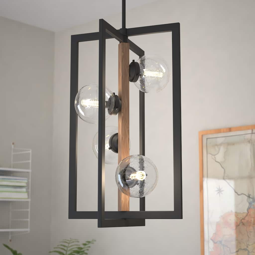 Bridgeview 16-in Oil Rubbed Bronze and Wood Industrial 4 Light Chandelier, Hanging Ceiling Pendant - 16-in W x 34-in H x 16-in D