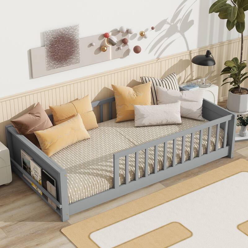 Grey Twin Floor Platform Bed with Built-in Book Rack and Safety Fence