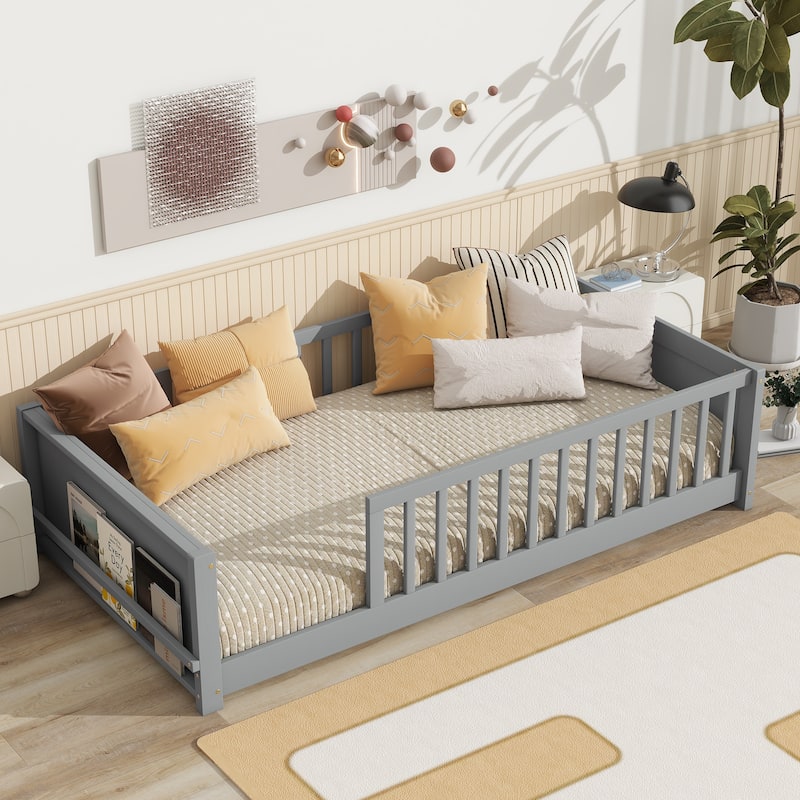 Twin Floor Bed with Built-in Bookcase Rubber Wood Low Profile Platform Bed
