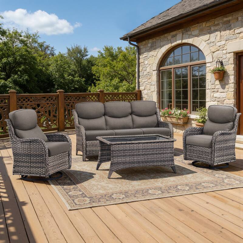 Meyreso 4-Piece Wicker Outdoor Patio Conversation Set with 5-Inch Thick Olefin Cushions - Gray Wicker - Gray Cushions