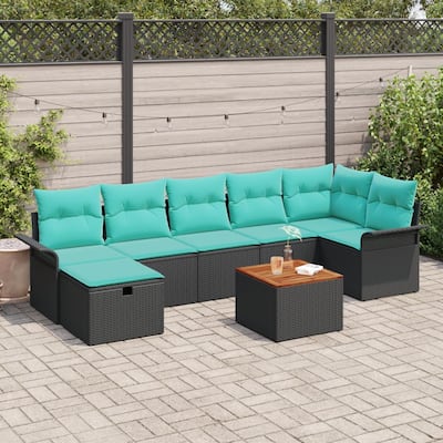 vidaXL 8 Piece Garden Sofa Set with Cushions Black Poly Rattan - 117.1×52.2×27.2