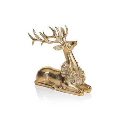 Clara Golden Sitting Deer Figurine with Floral Wreath