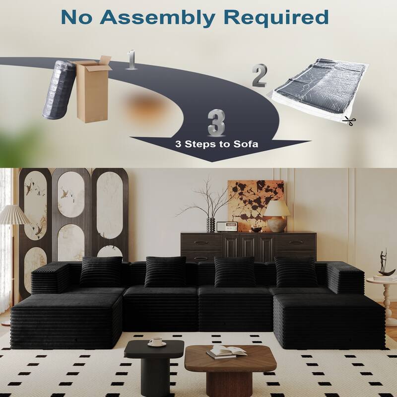 Modular Boneless Sectional Sofa, Deep Seat U-Shaped Corduroy Couch