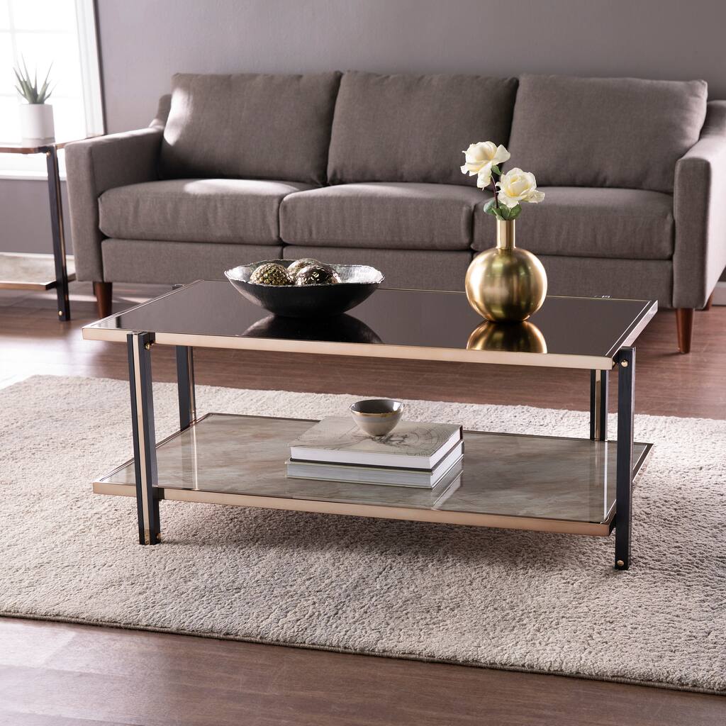 Cocktail Table With Champagne-hued Frame And Smoky Mirrored Tabletop, For Living Room, Bedroom