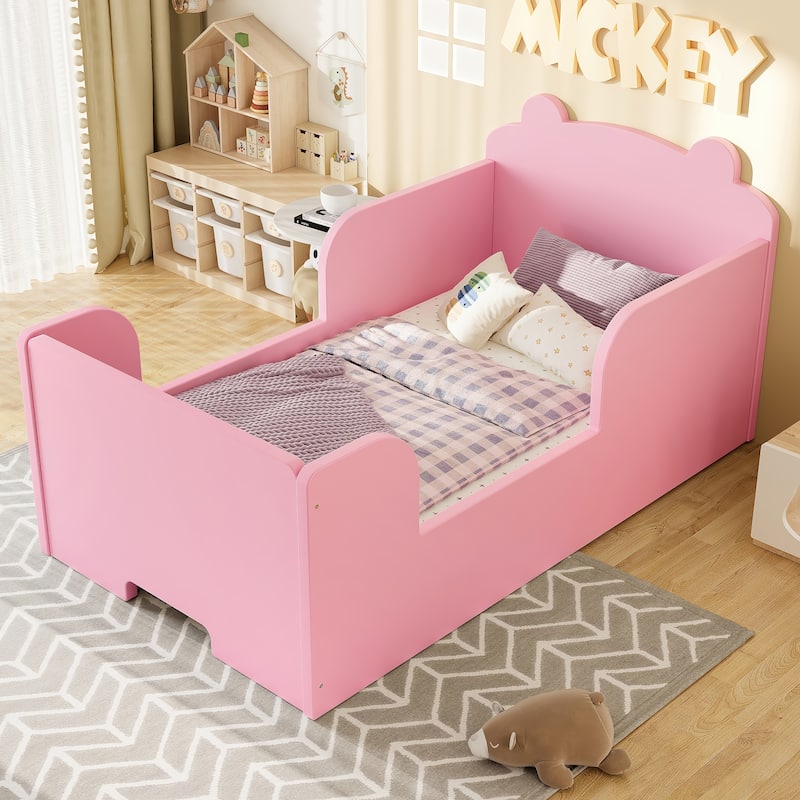 Toddler Floor Bed Frame - Bear Shape Cot Bed for Boys & Girls Ages 3-6 - Pink - Twin