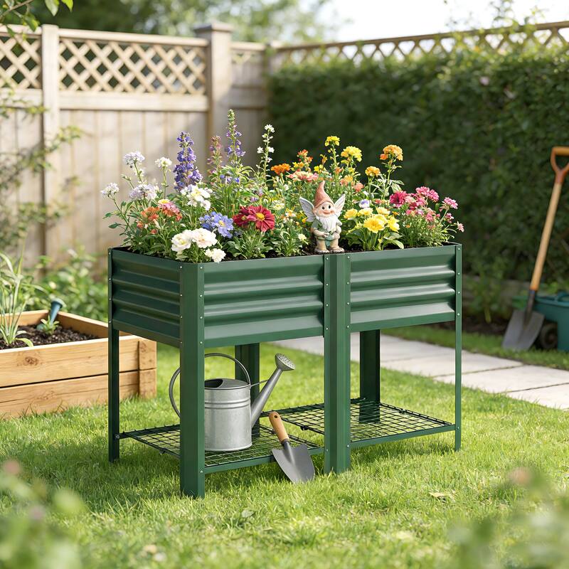 Outsunny Galvanized Steel Raised Garden Bed with Storage Shelf and Bed Liner, Elevated Planter Box with Legs