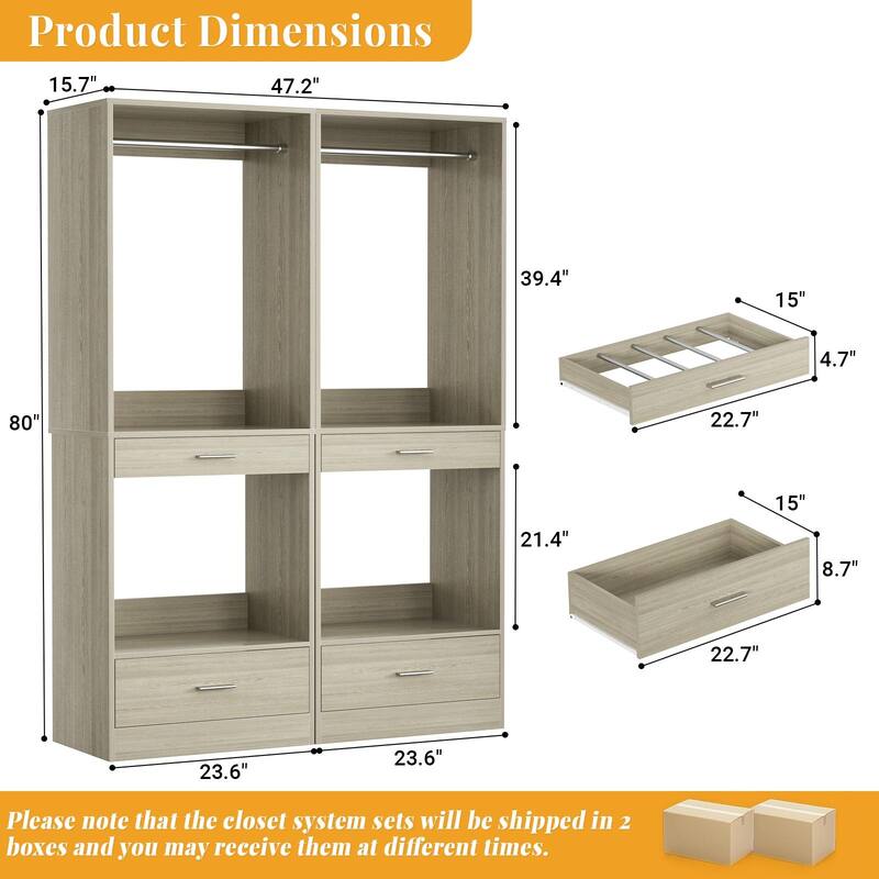 Qvella 23.6'' W Closet System with Hanging Rods and Wooden Drawers, Modular Walk-In Closet Organizer with Pants Rack