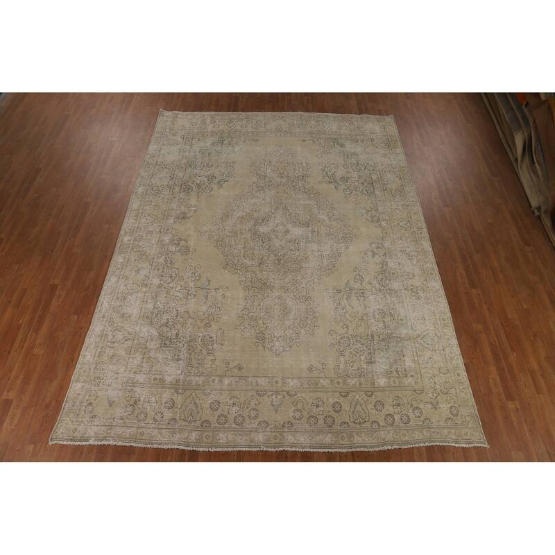 Tabriz Persian Vintage Area Rug Handmade Traditional Beige Wool Carpet - 9'6"x 12'10"