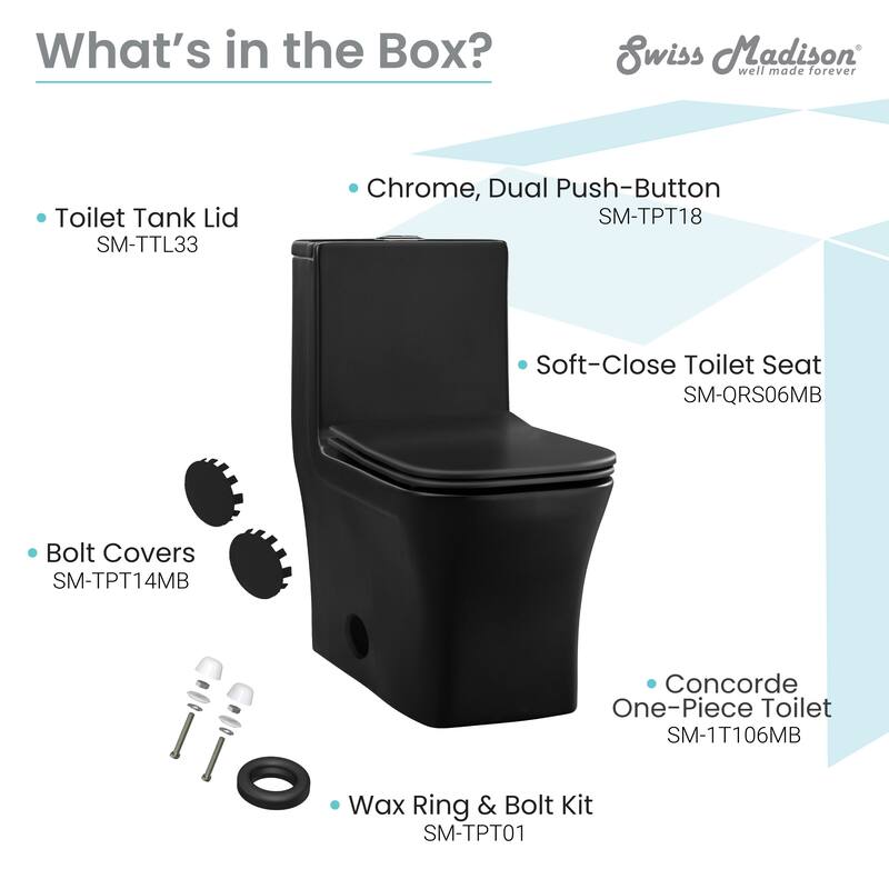 Concorde One Piece Square Toilet Dual Flush, Black Hardware 1.1/1.6 gpf