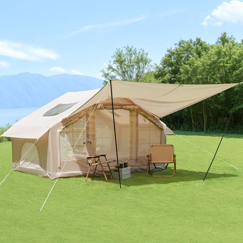 6.3m ² Inflatable Camping Tent with canopy, 4 Season Waterproof Windproof, Clear Skylight & 420D Oxford Waterproof - Beige