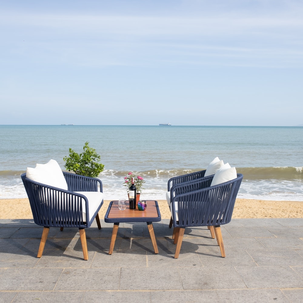 SAFAVIEH Outdoor Amelie 4 Piece Coastal Patio Chat Set - 55W x 31D x 28H