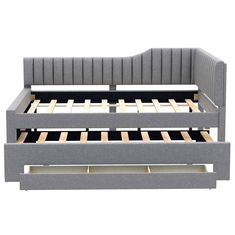 Upholstered Linen Bed Frame, Full Size Daybed with Pull-out Trundle and Storage Three Drawers for Bedroom/Apartment