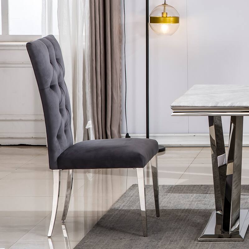 Velvet Tufted Upholstered Dining Room Chairs in Buttons Tufted High Back and Mirror Stainless Steel Legs