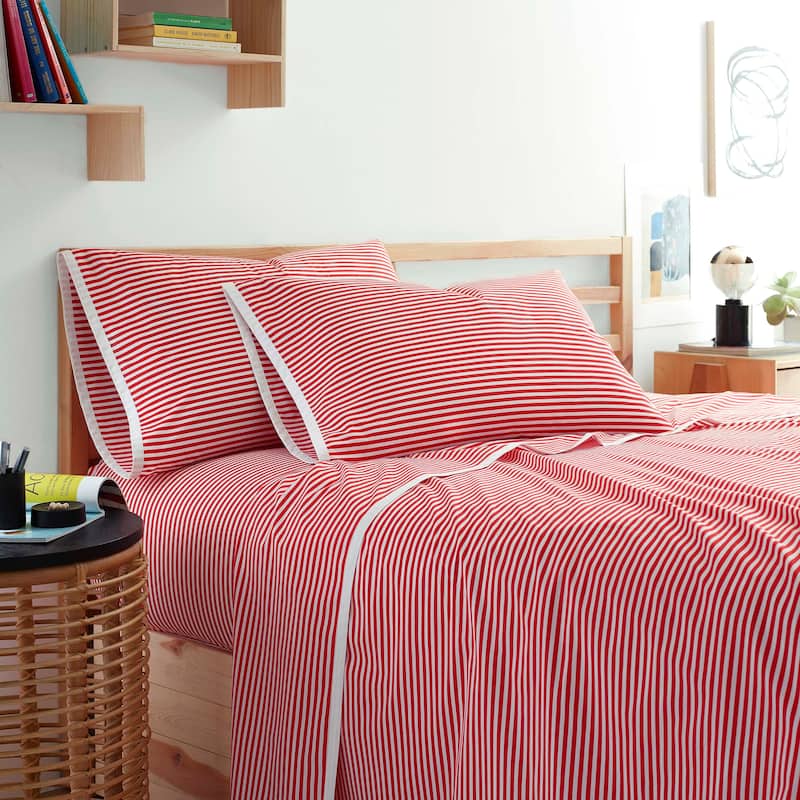 Martex Clean AF Pinstripe Sheet Set with SILVERbac Antimicrobial Technology - White/Red - Full