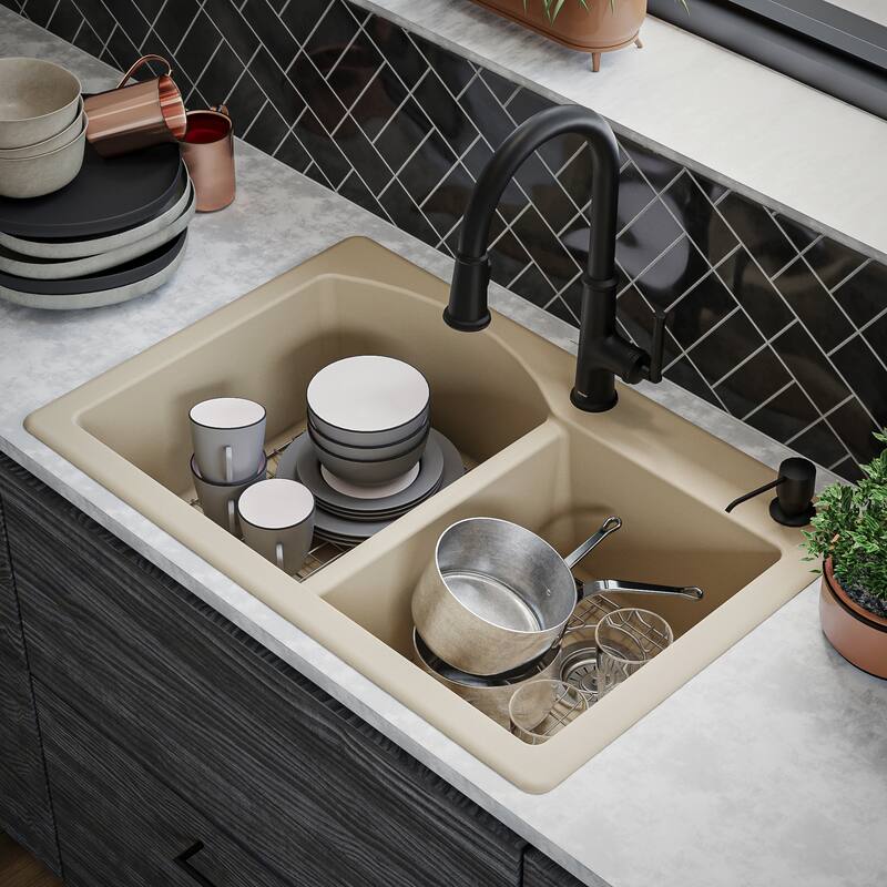 Karran Drop-In Quartz 33 in. 1-Hole 60/40 Double Bowl Kitchen Sink Kit