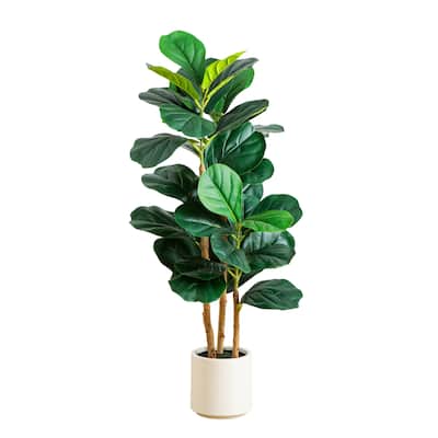 3-ft Artificial Fiddle Leaf Tree in Decorative White Planter - Green