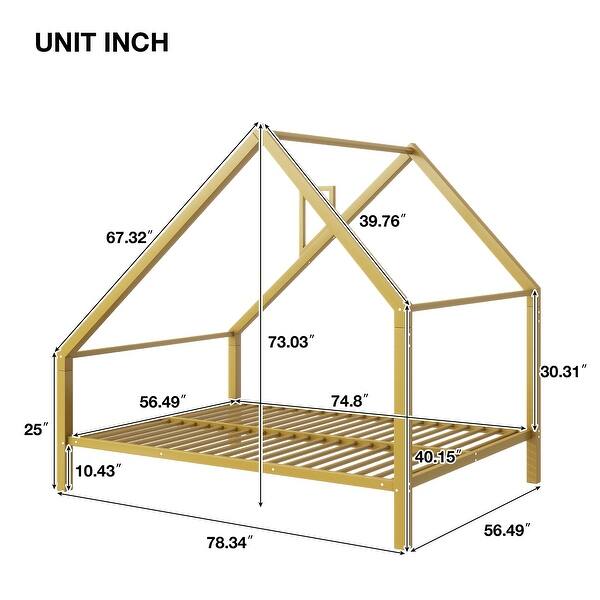 dimension image slide 1 of 4, Metal House Platform Bed With Roof And Chimney
