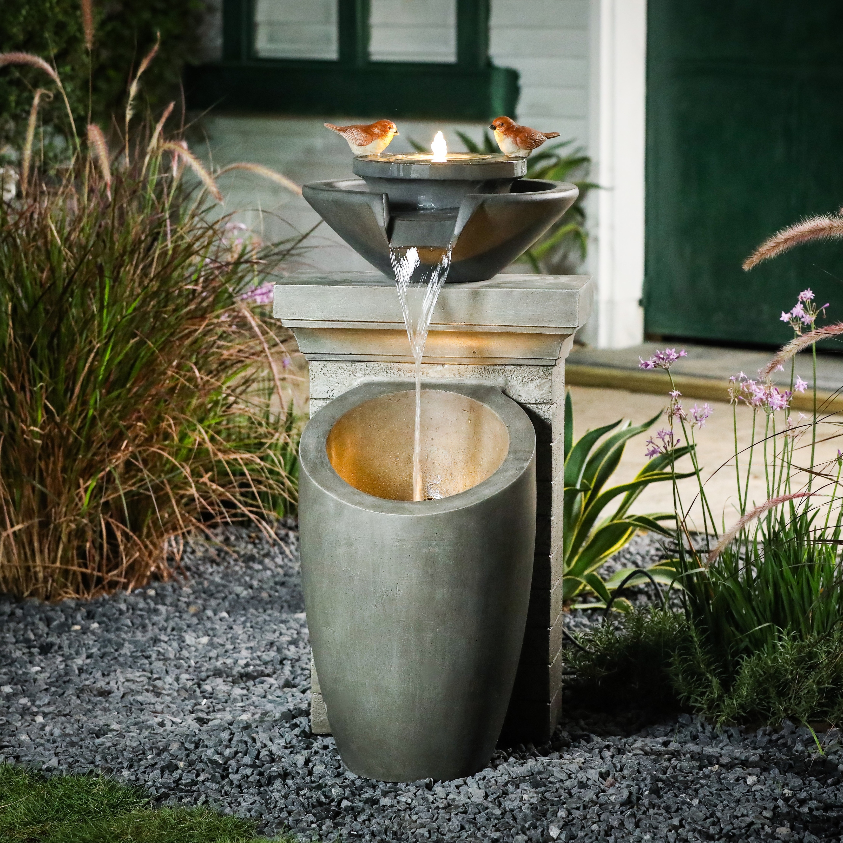 Grey Stone Finish Cement Column and Bowl Outdoor Fountain with LED Light  On Sale Bed Bath  Beyond 33185178