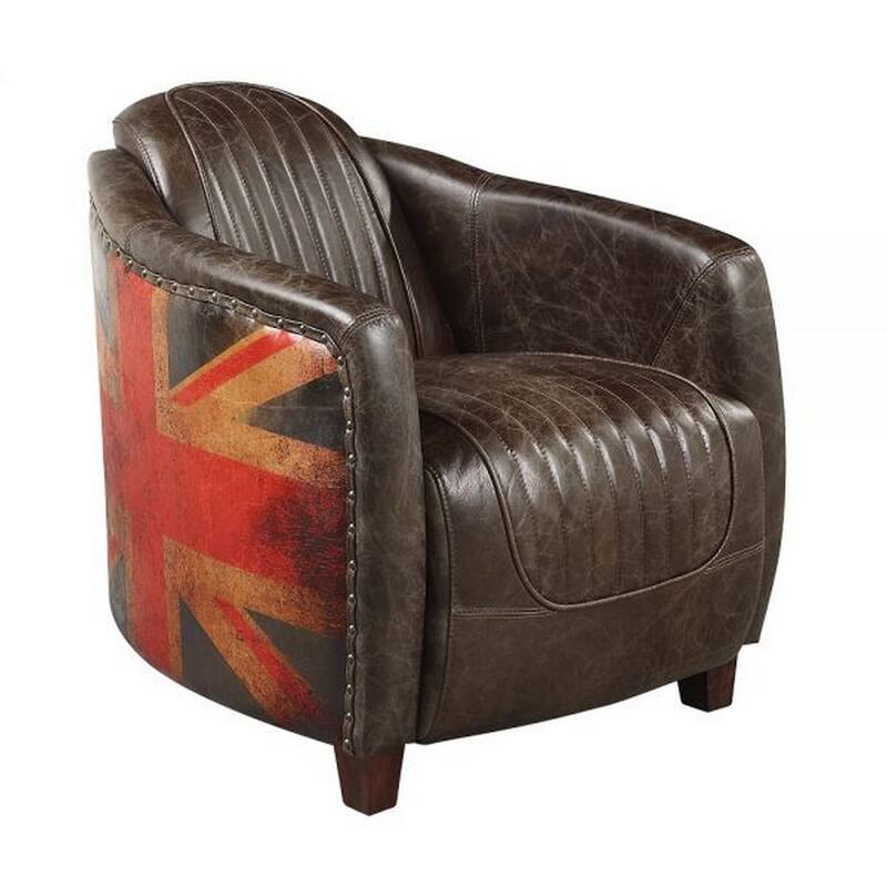 Bran 37 Inch Chair, Leather Upholstery, Cunninghamia Wood, Distressed Brown