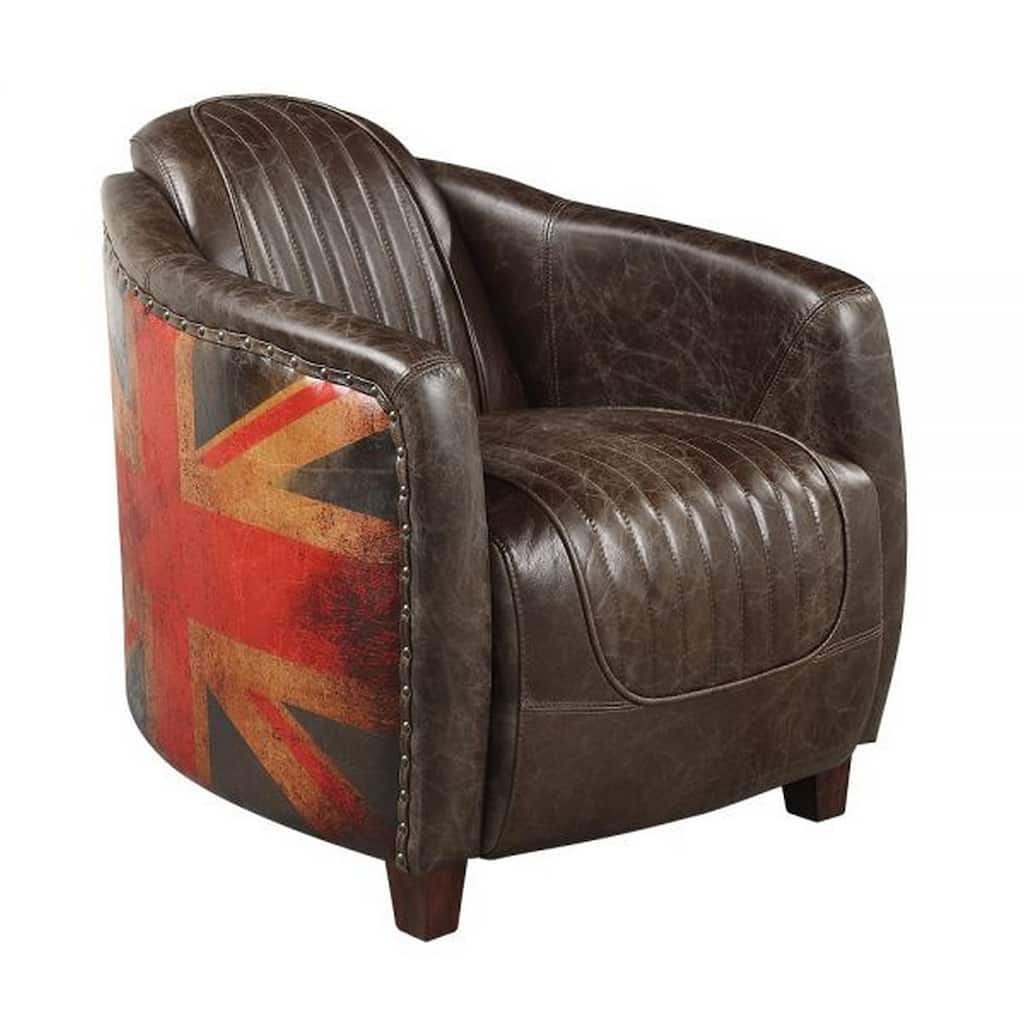 Bran 37 Inch Chair, Leather Upholstery, Cunninghamia Wood, Distressed Brown