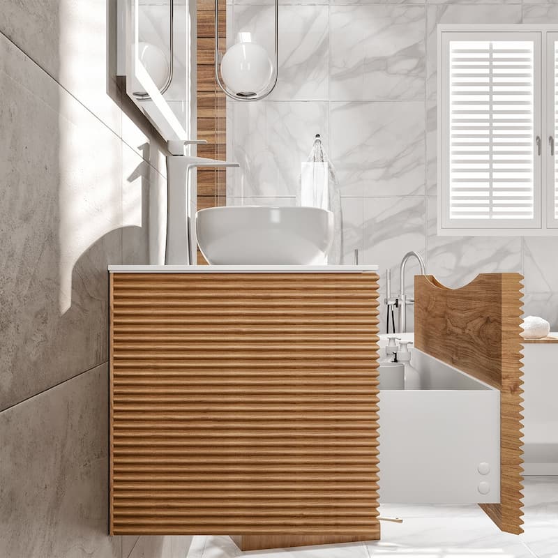 Leah 32 in. Medium Oak Bath Vanity with Solid Surface Top & Vessel Sink