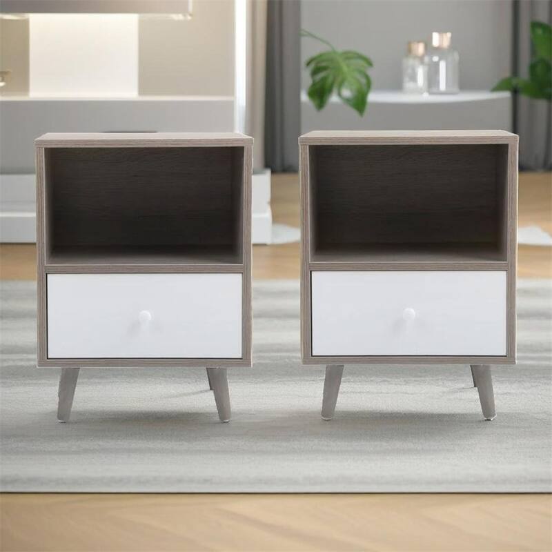Wooden Storage Nightstand with Drawer and Legs(Set of 2)