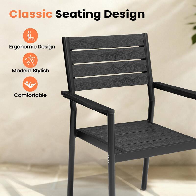 Set of 9 Outdoor Patio Dining Set WoodLike Table Top Aluminum Rectangular Umbrella Hole Table with Stackable Dining Chairs Set