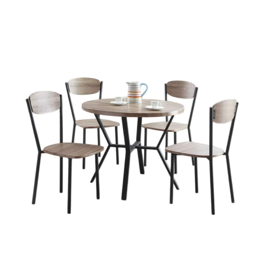 Jiho 5pc Dining Table and 4 Chairs Set, Graywash, Black Metal Base
