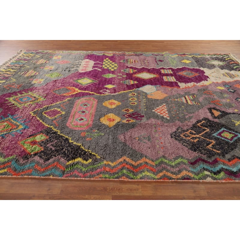 Plush Moroccan Oriental Area Rug Handmade Purple Wool Carpet - 9'0" x 12'7"