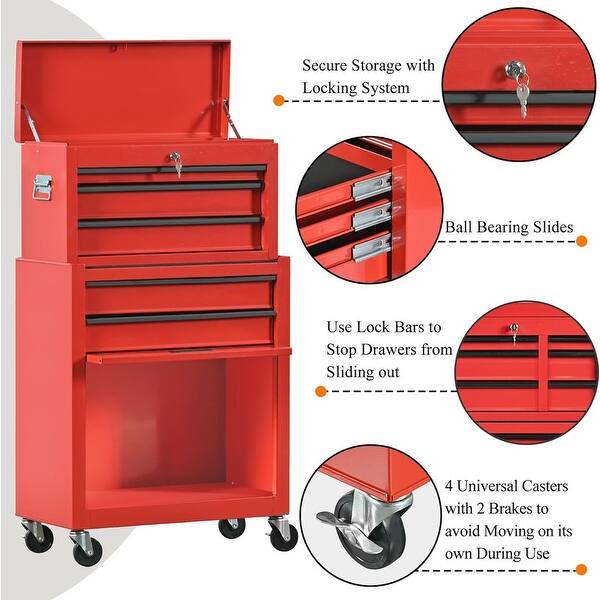 5 Drawers Lockable Rolling Tool Chest Storage Cabinet Tool Box ...