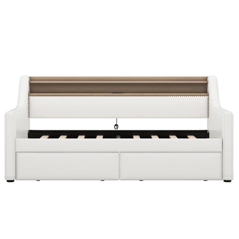 White Twin Size Upholstered Daybed with Storage Drawers,Charging Station and LED Lights