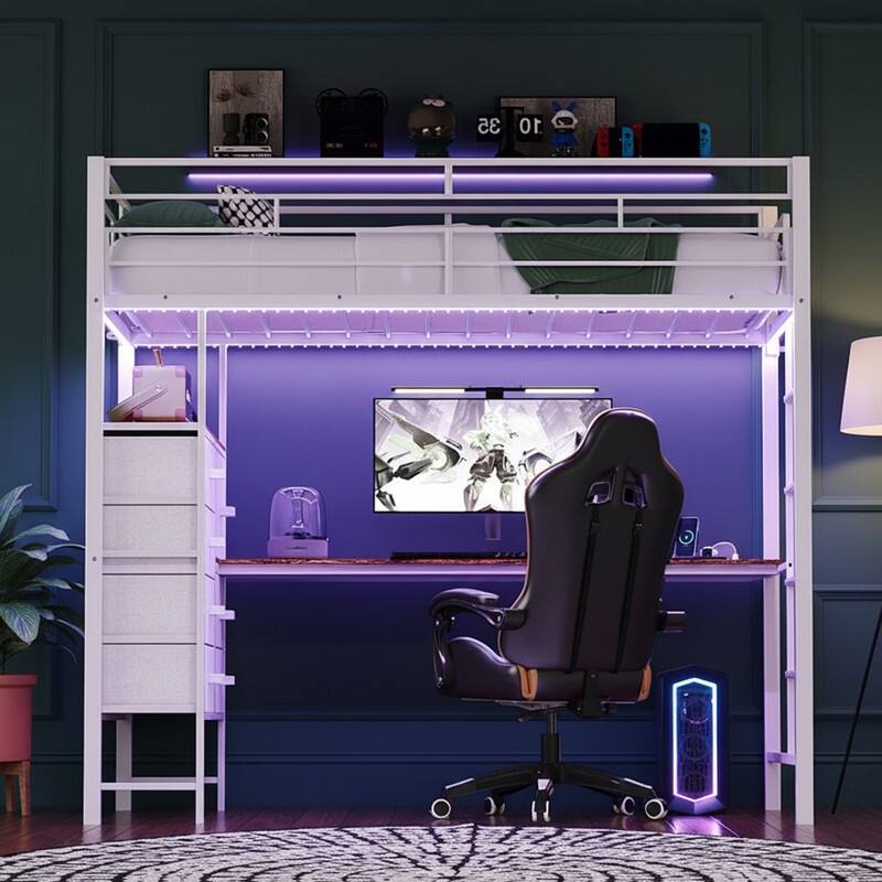 Metal Loft bed with 1 Desk,7 drawers,LED Light,Charging Sockets and Ladder