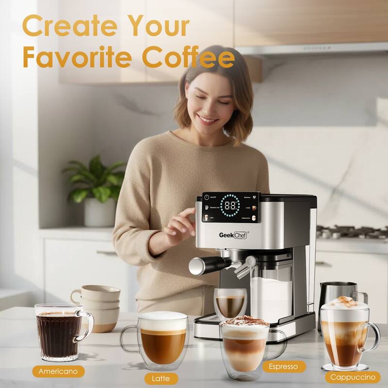 Anmytek 20 Bar Home Barista Espresso Machine Automatic Milk Frother TouchScreen ESE POD Cappuccino Latte