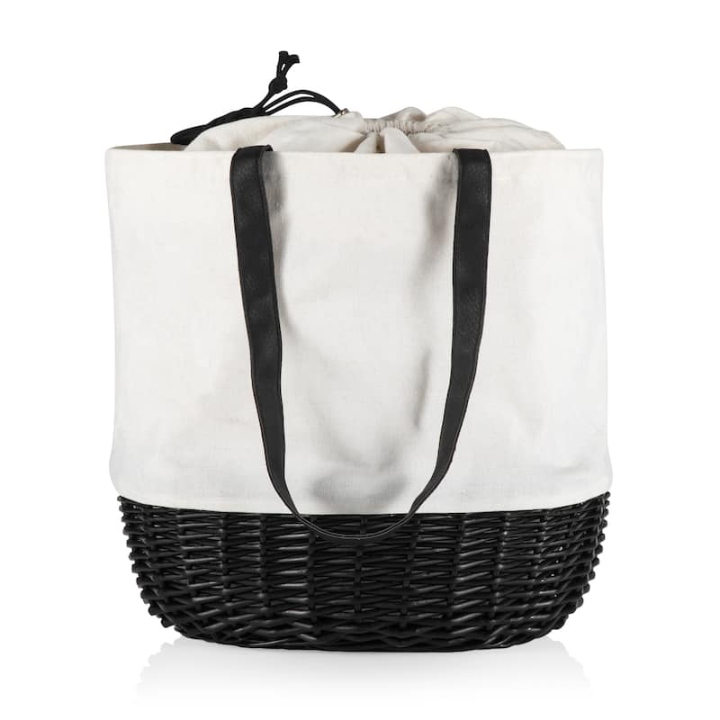 Picnic Time Coronado Canvas and Willow Basket Tote, (White Canvas with Black Accents)
