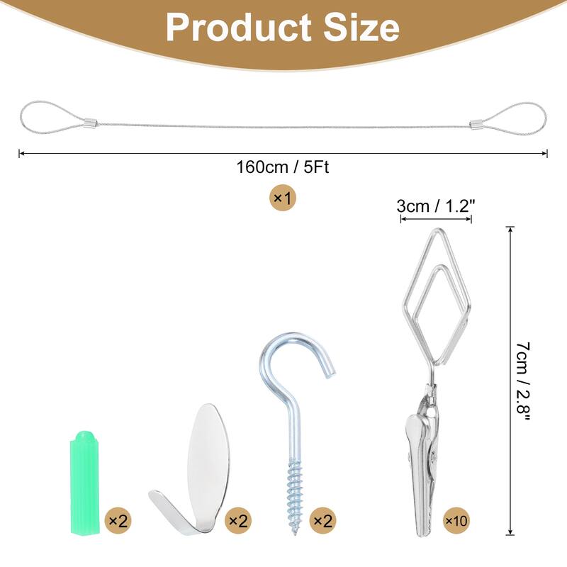 5Ft Wall Hanging Photo Display Cable Wire Rod with 10 Rhombus Clips - Silver