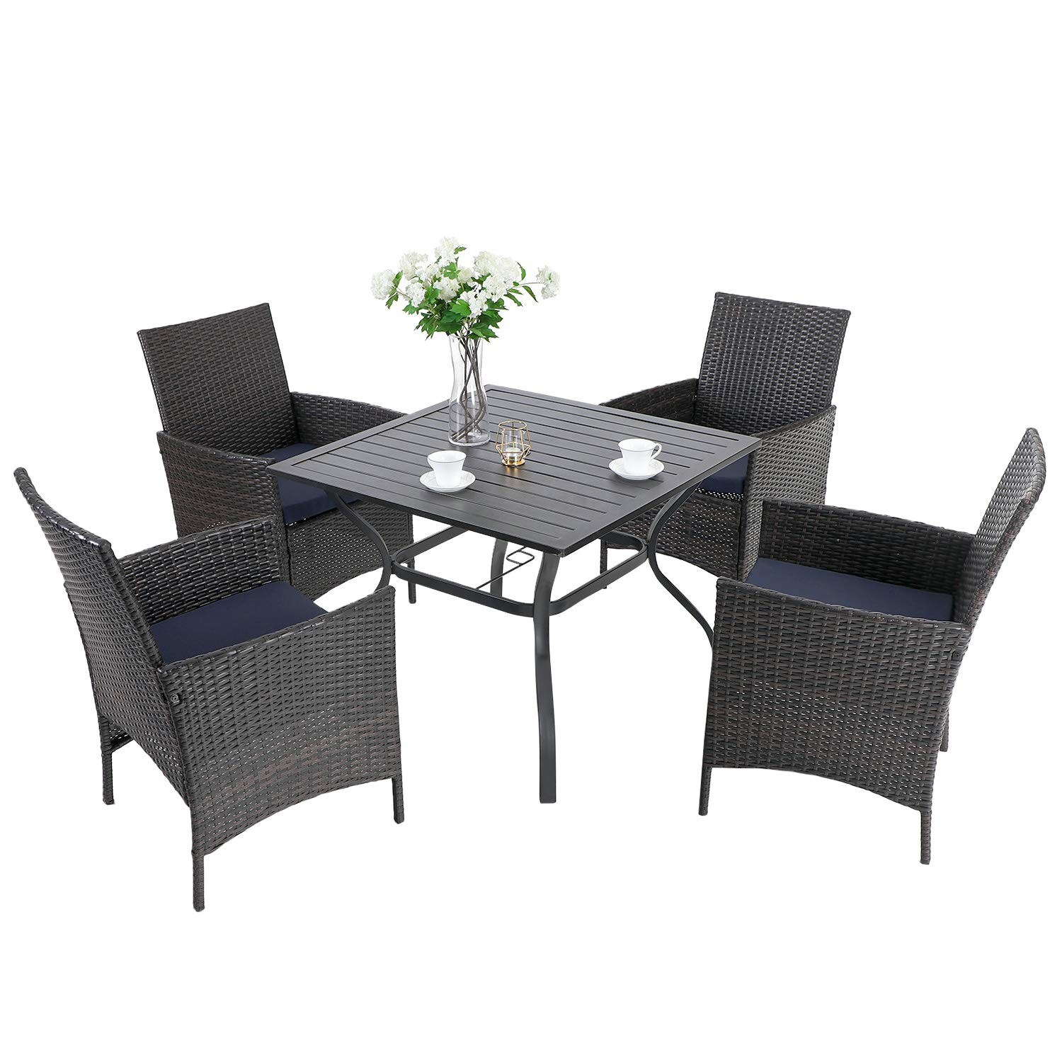 Phi Villa 5 Piece Patio Dining Sets Includes 37" Square Metal Bistro Table With 1.57" Umbrella Hole And 4 Rattan Garden Chairs