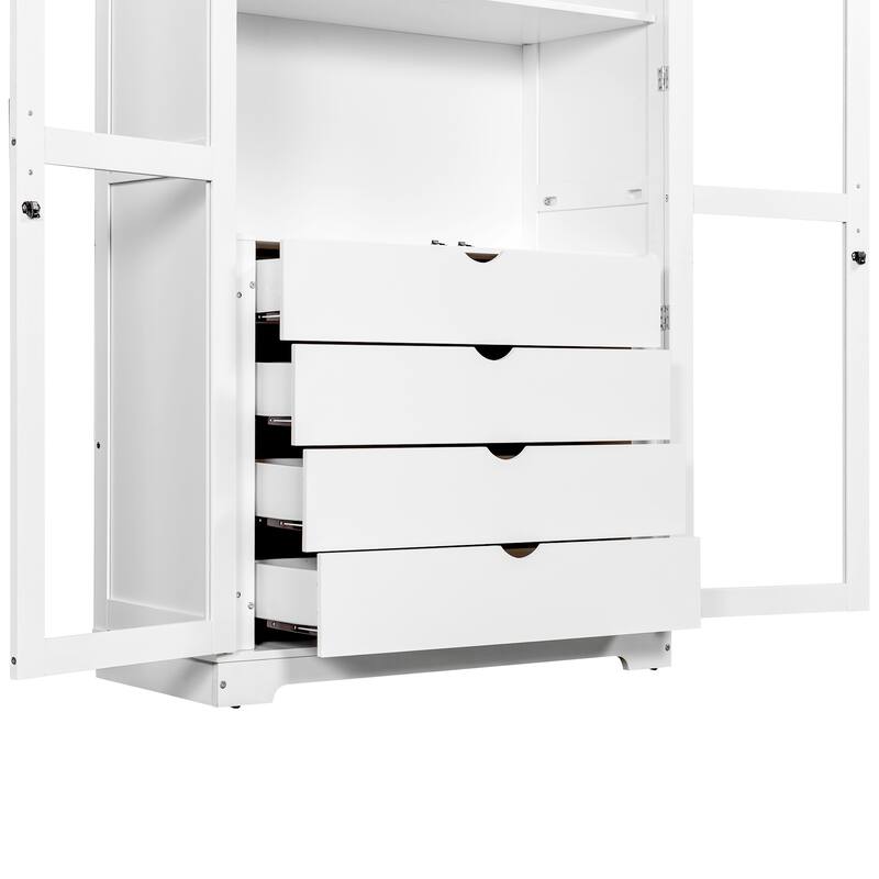 Kitchen Pantry Storage Cabinet, Freestanding Wood Cabinet Display Cabinet with Glass Doors, 4 Built-in Drawers & Shelves