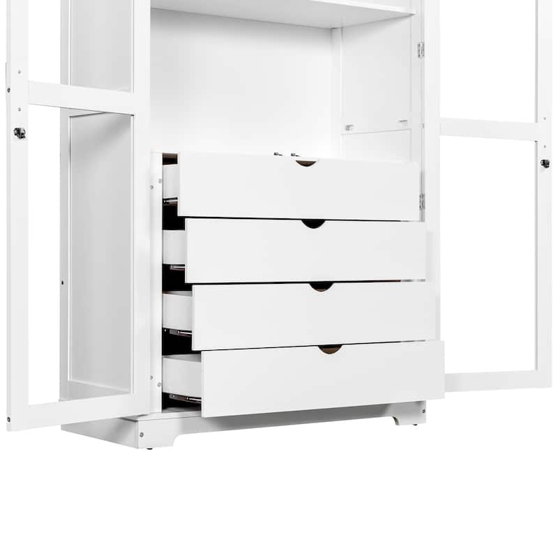 Pantry Cabinet with Glass Door, 2 Shelves & 4 Built-in Drawers, Kitchen Pantry Storage Cabinet, Freestanding Kitchen Cupboard
