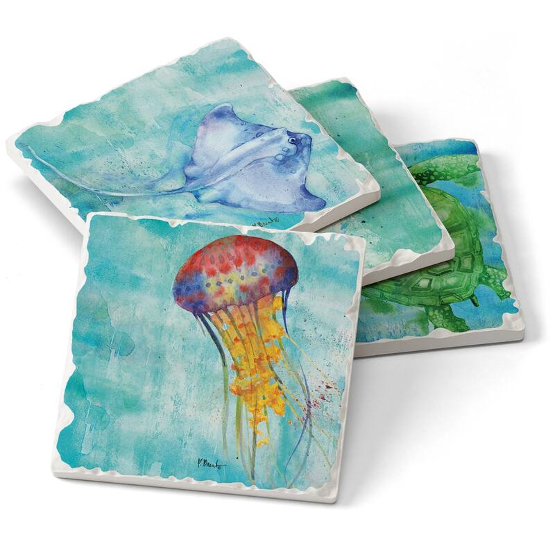 Counterart Absorbent Stone Coaster, Arianna Sealife, Set of 4 - 4.00x4.18