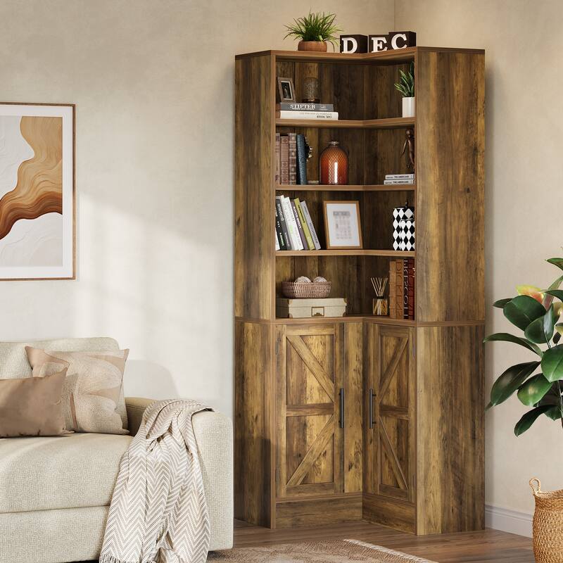 Industrial L-Shaped Corner Bookcase Bookshelf with Barn Doors - Brown
