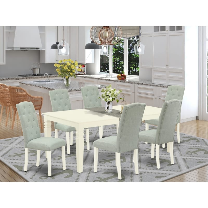 7Pc Dinette Set - Kitchen Table with Leaf & 6 Parsons Chairs - Linen White & Baby Blue - 84