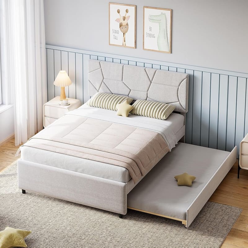 Upholstered Trundle Bed with Headboard, Twin to Full Pull-Out Bed with Wood Slats, for Guest Room/Bedroom