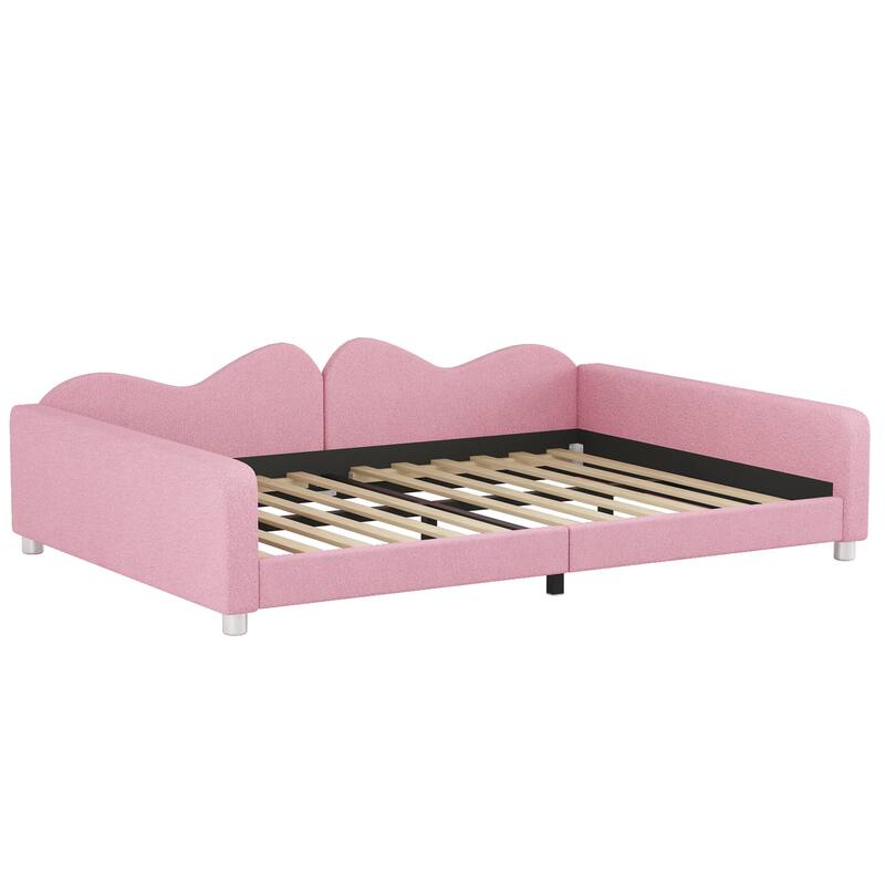 Cloud Shape Backrest Daybed, Sherpa Fabric Sofabed with 2 Armrests, Wood Platform Bed Frame, Floor Bed, No Box-spring Needed