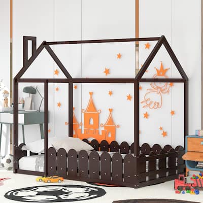 Twin Size Wood Bed House Bed Frame with Fence