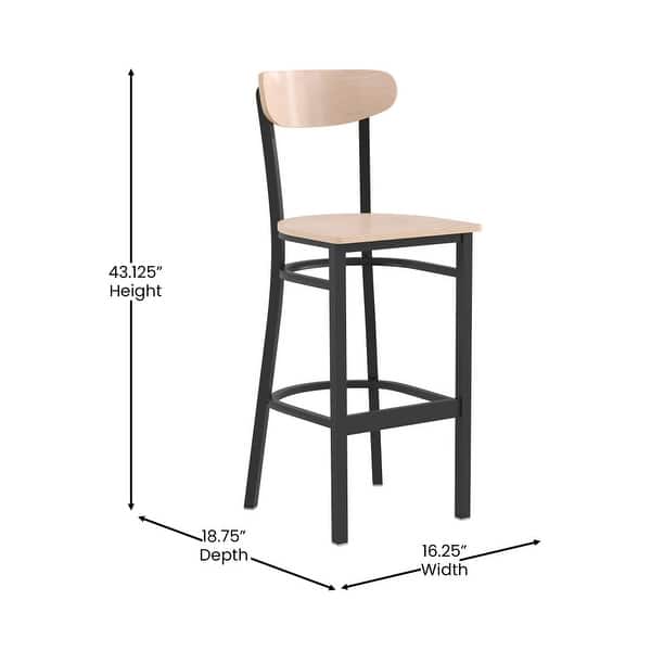 dimension image slide 2 of 13, Commercial Metal Barstool with Wood Seat and Boomerang Back